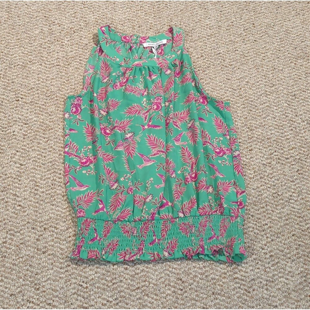 Rose Olive Tank Top Blouse Womens S Green Floral Bird Botanic Smocked Hem